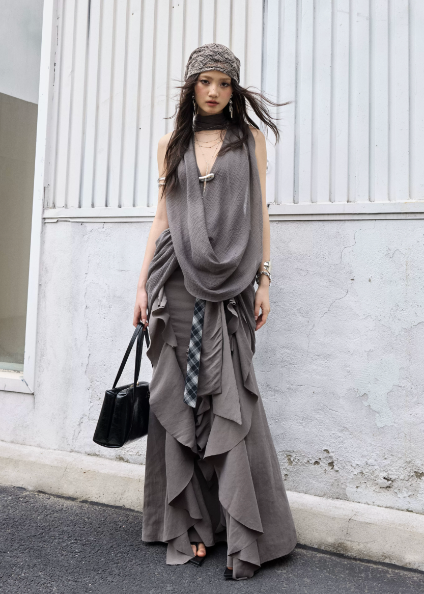 jnylon skirt, ruffle maxi skirt, korean fashion skirt, layered long skirt, gray maxi skirt, irregular ruffle skirt, stylish korean outfit, urban skirt women, modal skirt, plaid patchwork skirt, statement long skirt, korean street fashion