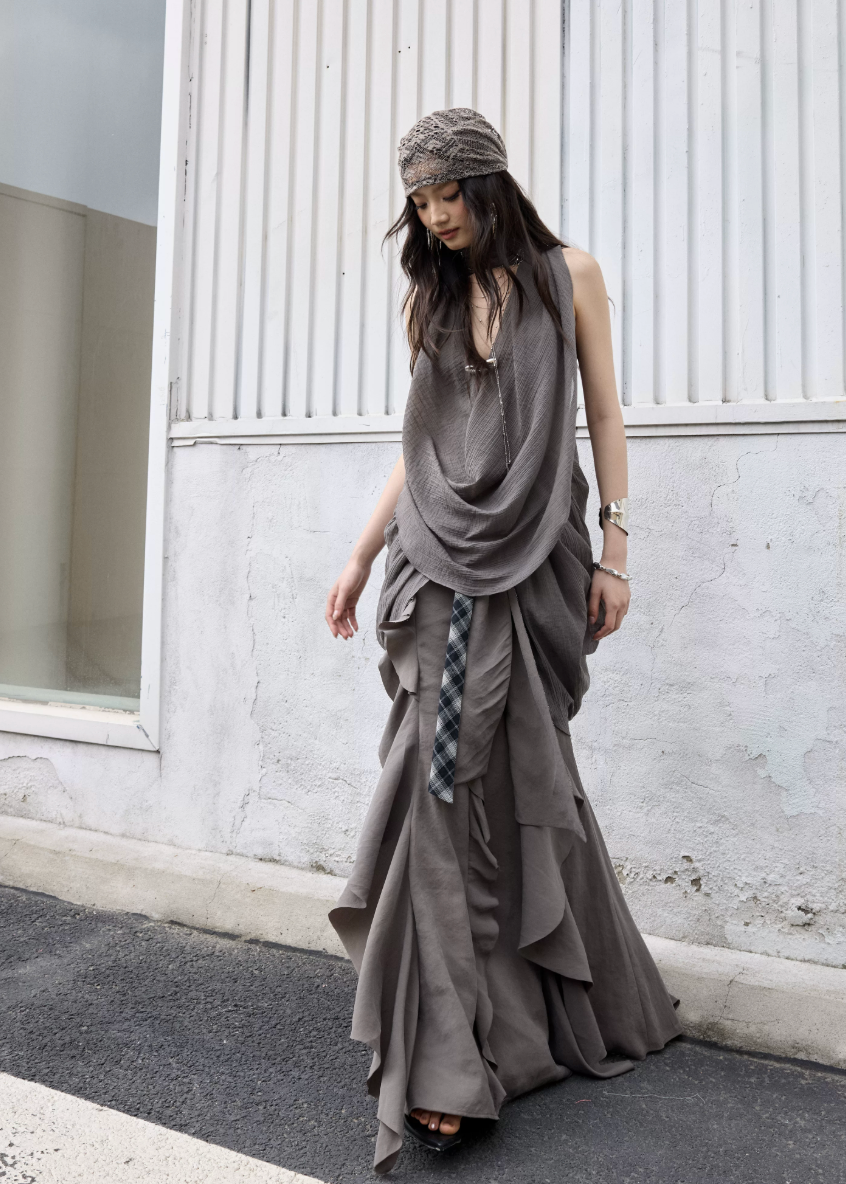 jnylon skirt, ruffle maxi skirt, korean fashion skirt, layered long skirt, gray maxi skirt, irregular ruffle skirt, stylish korean outfit, urban skirt women, modal skirt, plaid patchwork skirt, statement long skirt, korean street fashion