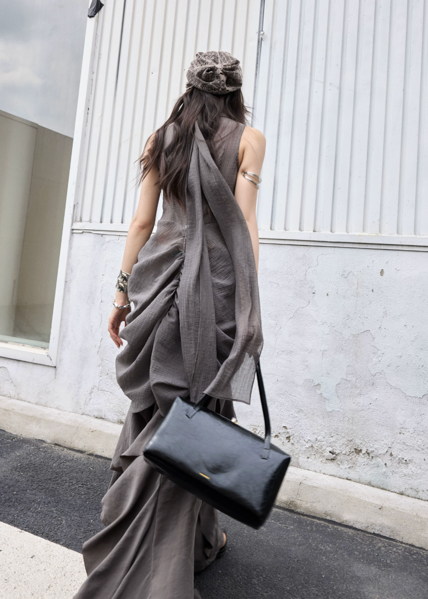 jnylon skirt, ruffle maxi skirt, korean fashion skirt, layered long skirt, gray maxi skirt, irregular ruffle skirt, stylish korean outfit, urban skirt women, modal skirt, plaid patchwork skirt, statement long skirt, korean street fashion