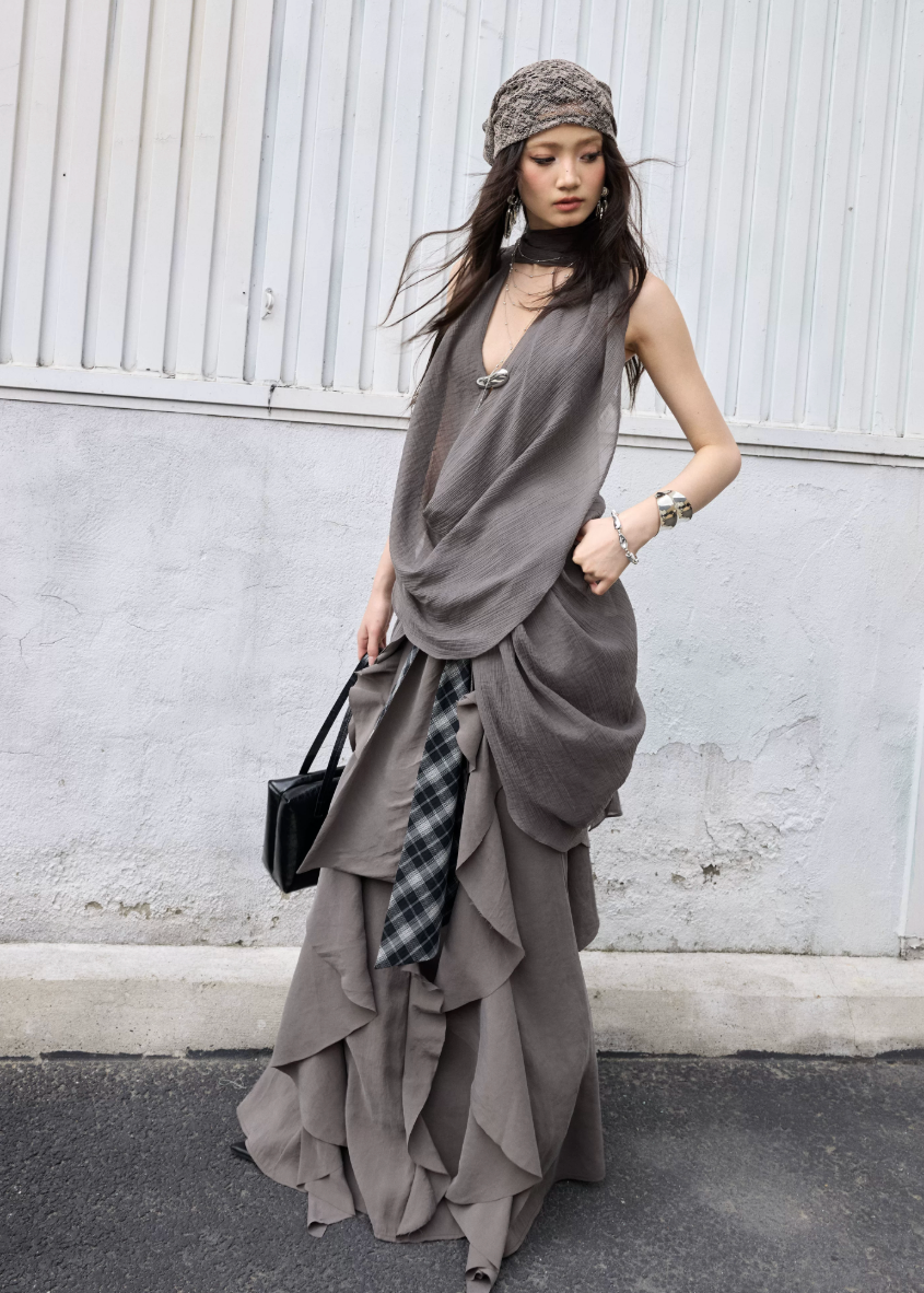 jnylon skirt, ruffle maxi skirt, korean fashion skirt, layered long skirt, gray maxi skirt, irregular ruffle skirt, stylish korean outfit, urban skirt women, modal skirt, plaid patchwork skirt, statement long skirt, korean street fashion