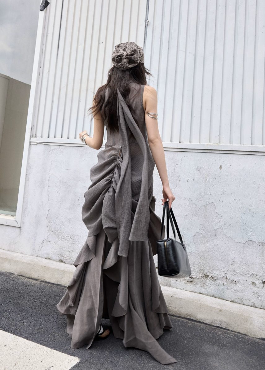 jnylon skirt, ruffle maxi skirt, korean fashion skirt, layered long skirt, gray maxi skirt, irregular ruffle skirt, stylish korean outfit, urban skirt women, modal skirt, plaid patchwork skirt, statement long skirt, korean street fashion
