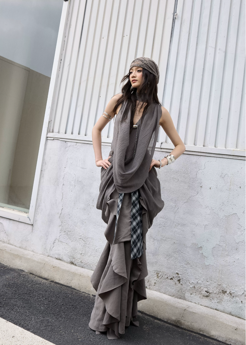 jnylon skirt, ruffle maxi skirt, korean fashion skirt, layered long skirt, gray maxi skirt, irregular ruffle skirt, stylish korean outfit, urban skirt women, modal skirt, plaid patchwork skirt, statement long skirt, korean street fashion