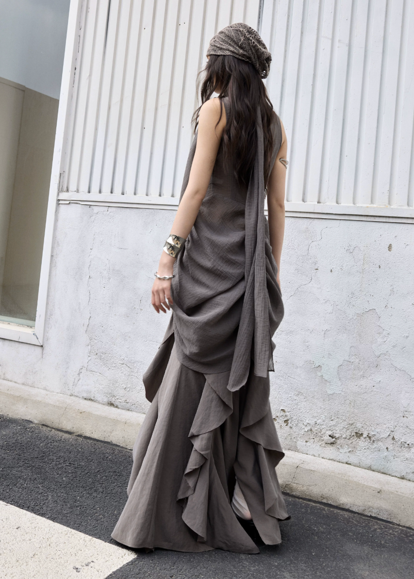 jnylon skirt, ruffle maxi skirt, korean fashion skirt, layered long skirt, gray maxi skirt, irregular ruffle skirt, stylish korean outfit, urban skirt women, modal skirt, plaid patchwork skirt, statement long skirt, korean street fashion