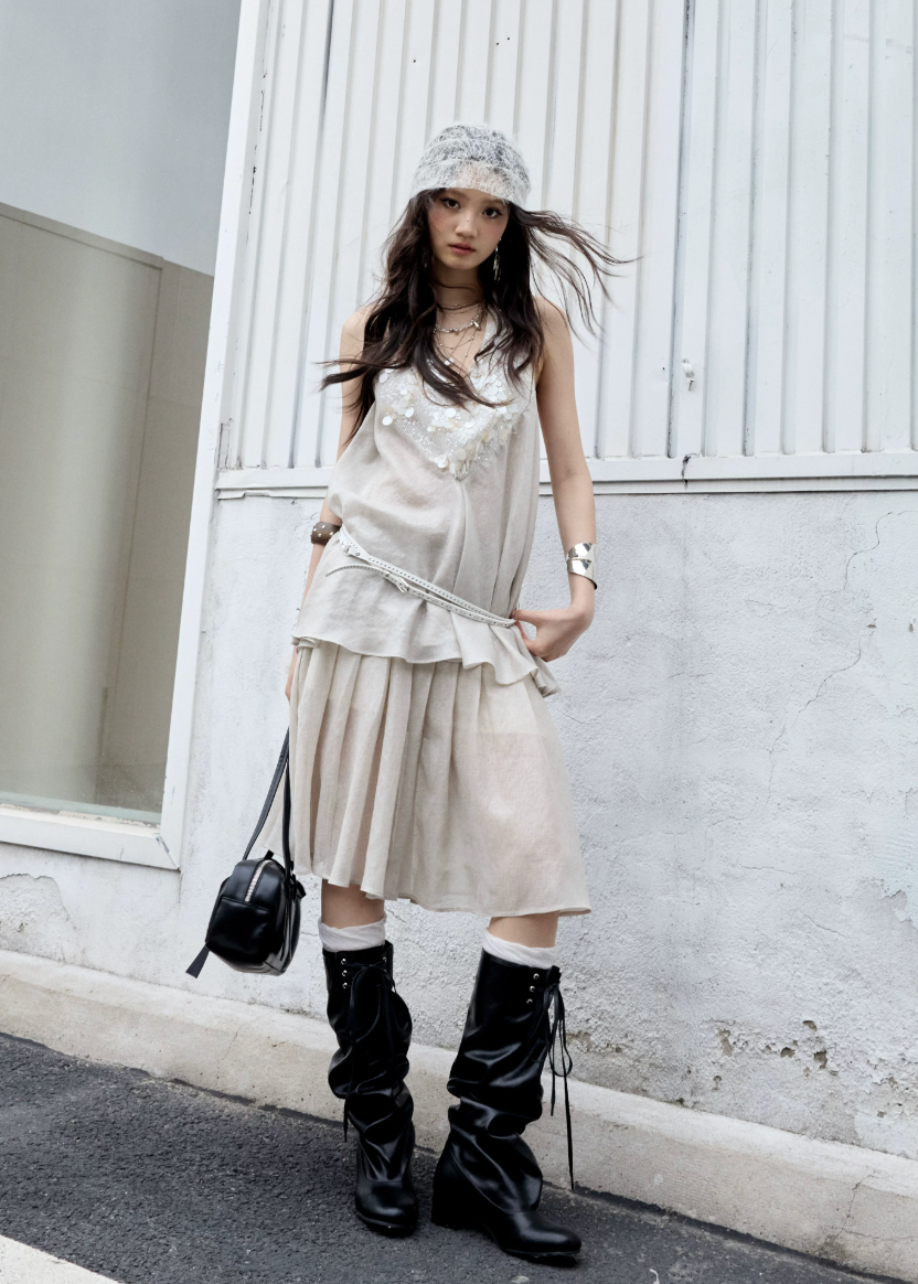 jnylon two piece set, halter skirt set, korean fashion set, white peach outfit, romantic summer set, sequin halter top, feminine skirt set, stylish korean outfit, textured two piece dress, summer occasion outfit, dreamy halter set