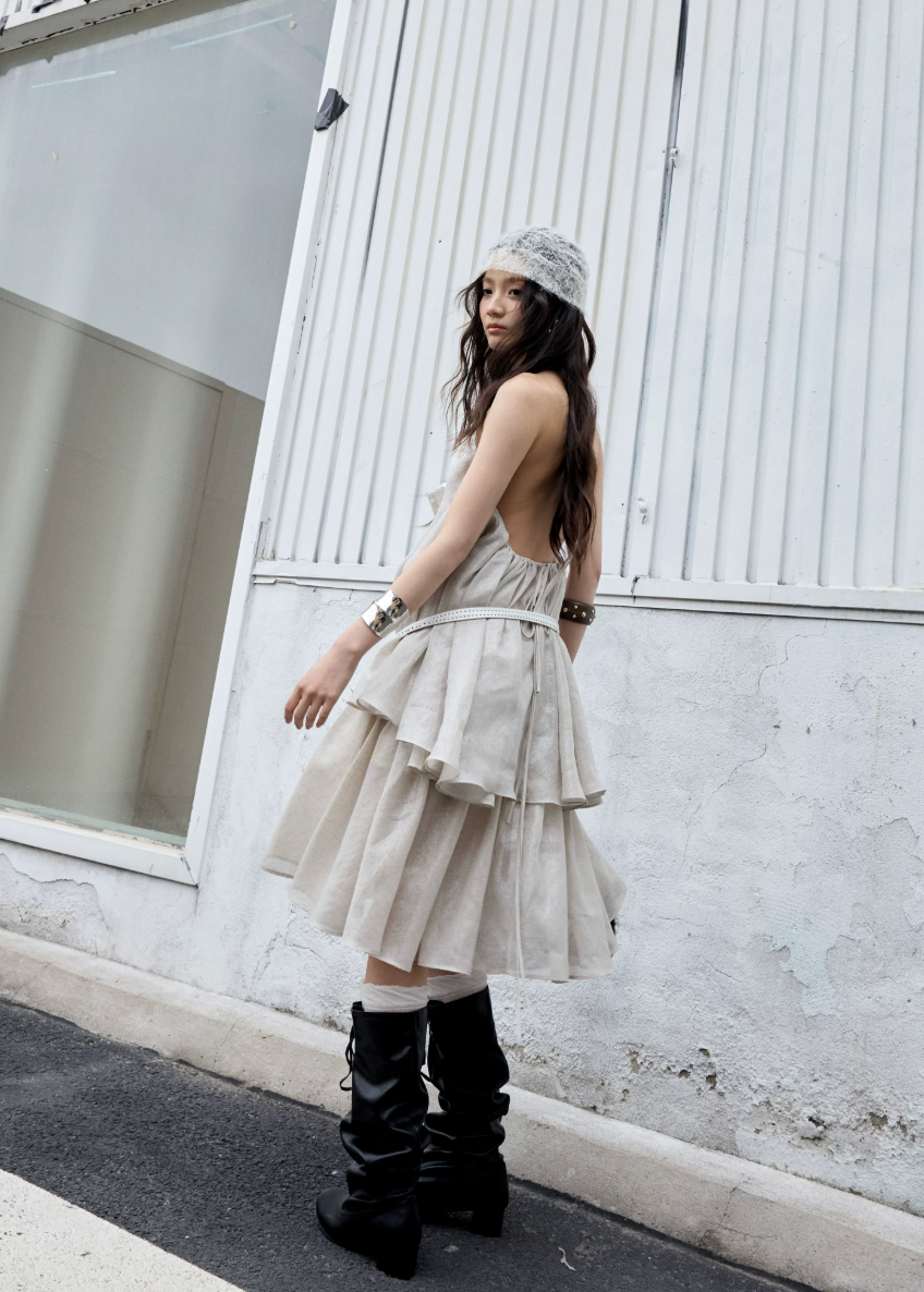 jnylon two piece set, halter skirt set, korean fashion set, white peach outfit, romantic summer set, sequin halter top, feminine skirt set, stylish korean outfit, textured two piece dress, summer occasion outfit, dreamy halter set