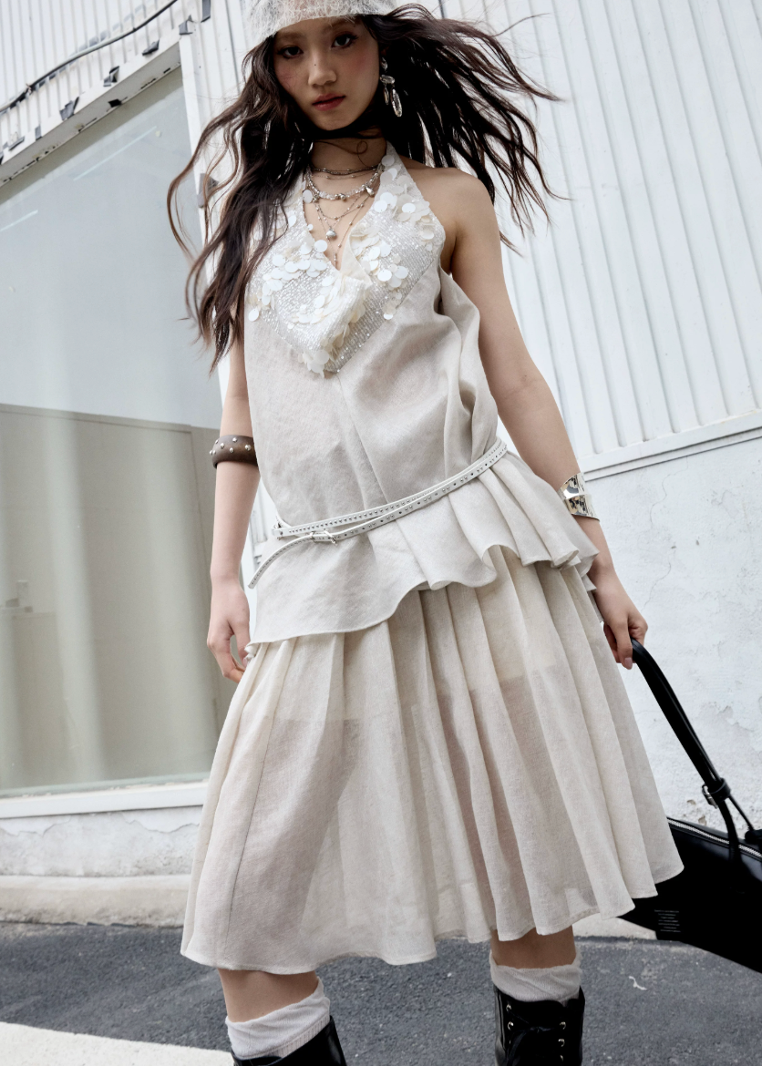 jnylon two piece set, halter skirt set, korean fashion set, white peach outfit, romantic summer set, sequin halter top, feminine skirt set, stylish korean outfit, textured two piece dress, summer occasion outfit, dreamy halter set