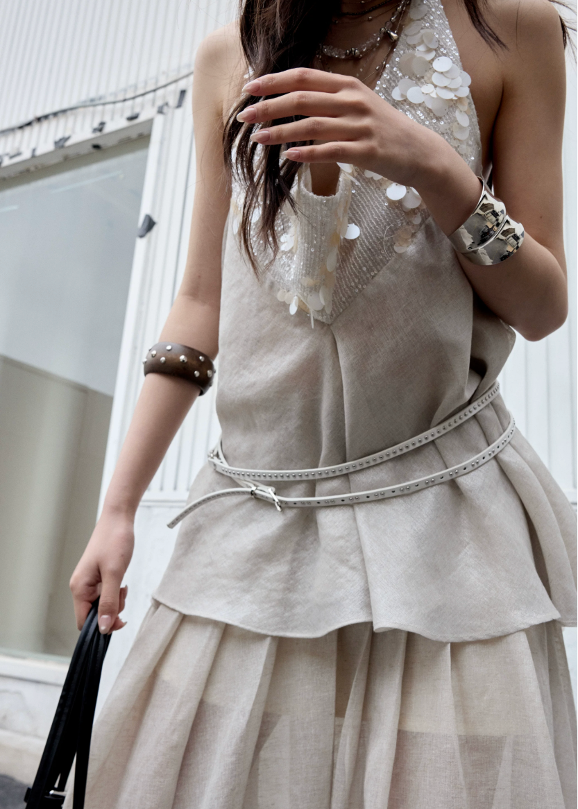 jnylon two piece set, halter skirt set, korean fashion set, white peach outfit, romantic summer set, sequin halter top, feminine skirt set, stylish korean outfit, textured two piece dress, summer occasion outfit, dreamy halter set