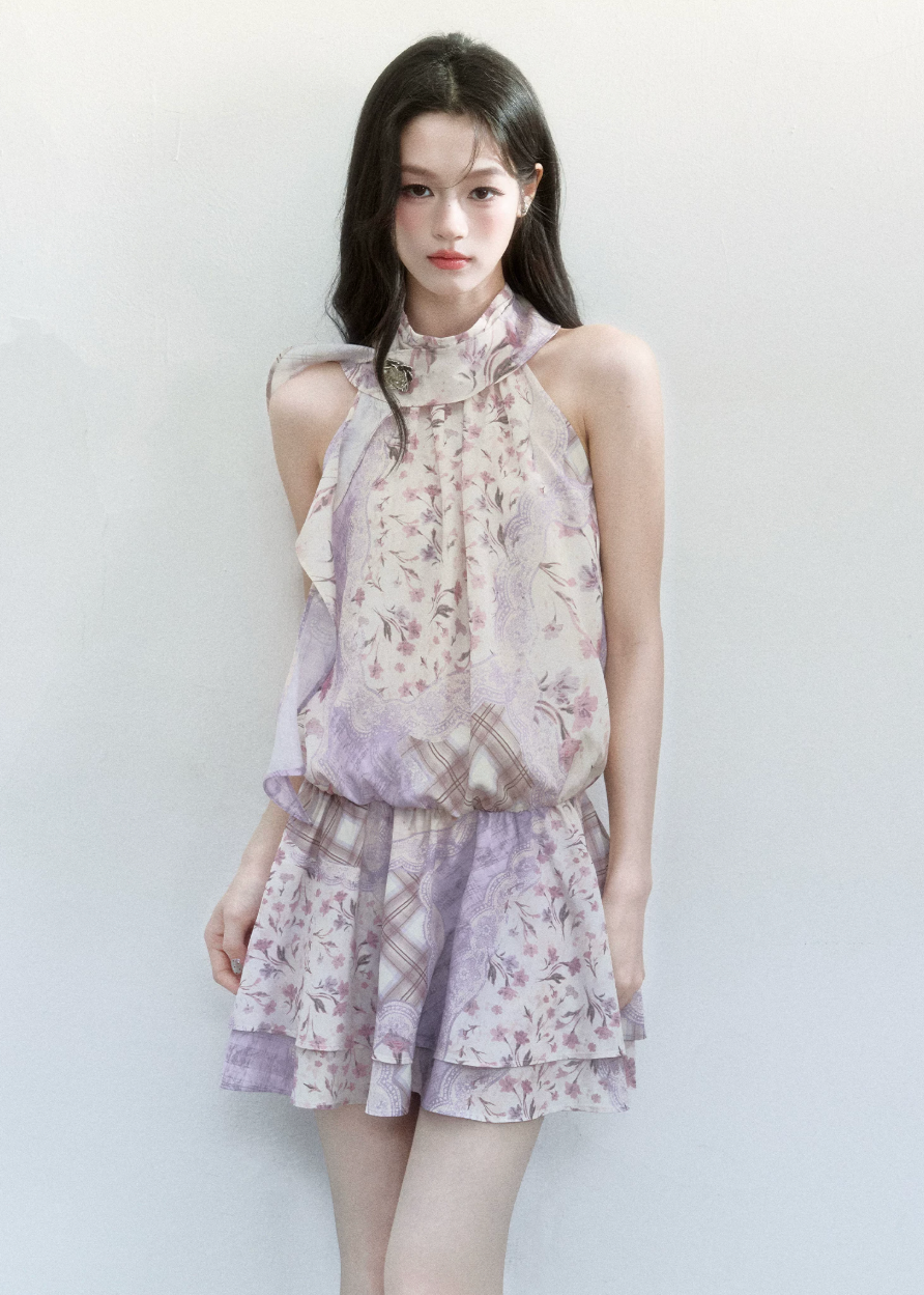fragileheart dress, floral halterneck dress, pink floral mini dress, korean feminine dress, romantic summer dress, vintage floral dress, scarf neck mini dress, lilac floral dress, soft girl summer dress, feminine date dress, floral korean fashion, halterneck short dress
