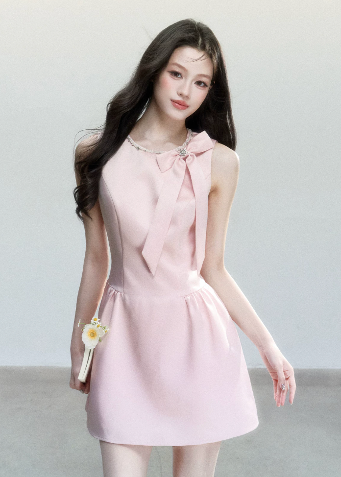 pink satin mini dress, princess satin dress, bow shoulder dress, feminine korean dress, fragileheart dress, birthday party dress, romantic pink dress, satin flare mini dress, soft girl mini dress, cute pink occasion dress, korean feminine fashion, blush satin dress