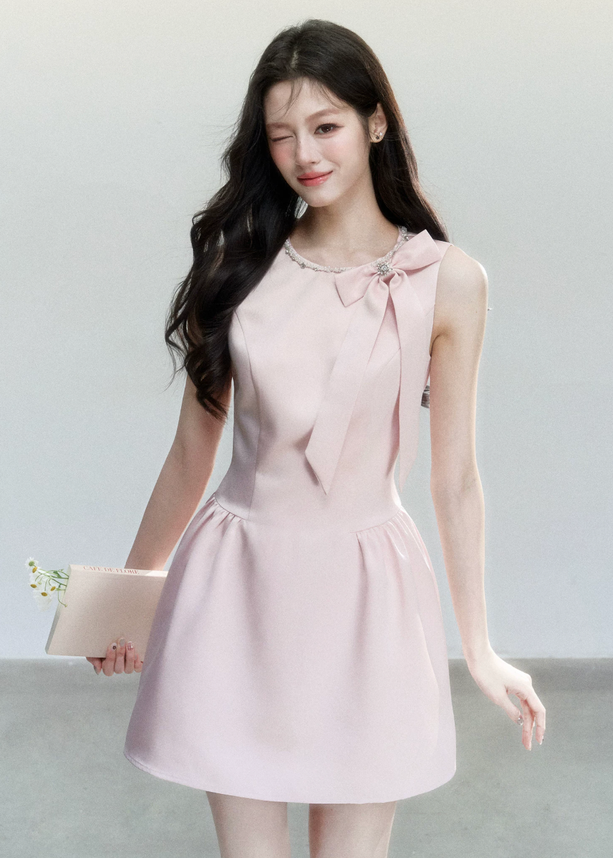 pink satin mini dress, princess satin dress, bow shoulder dress, feminine korean dress, fragileheart dress, birthday party dress, romantic pink dress, satin flare mini dress, soft girl mini dress, cute pink occasion dress, korean feminine fashion, blush satin dress