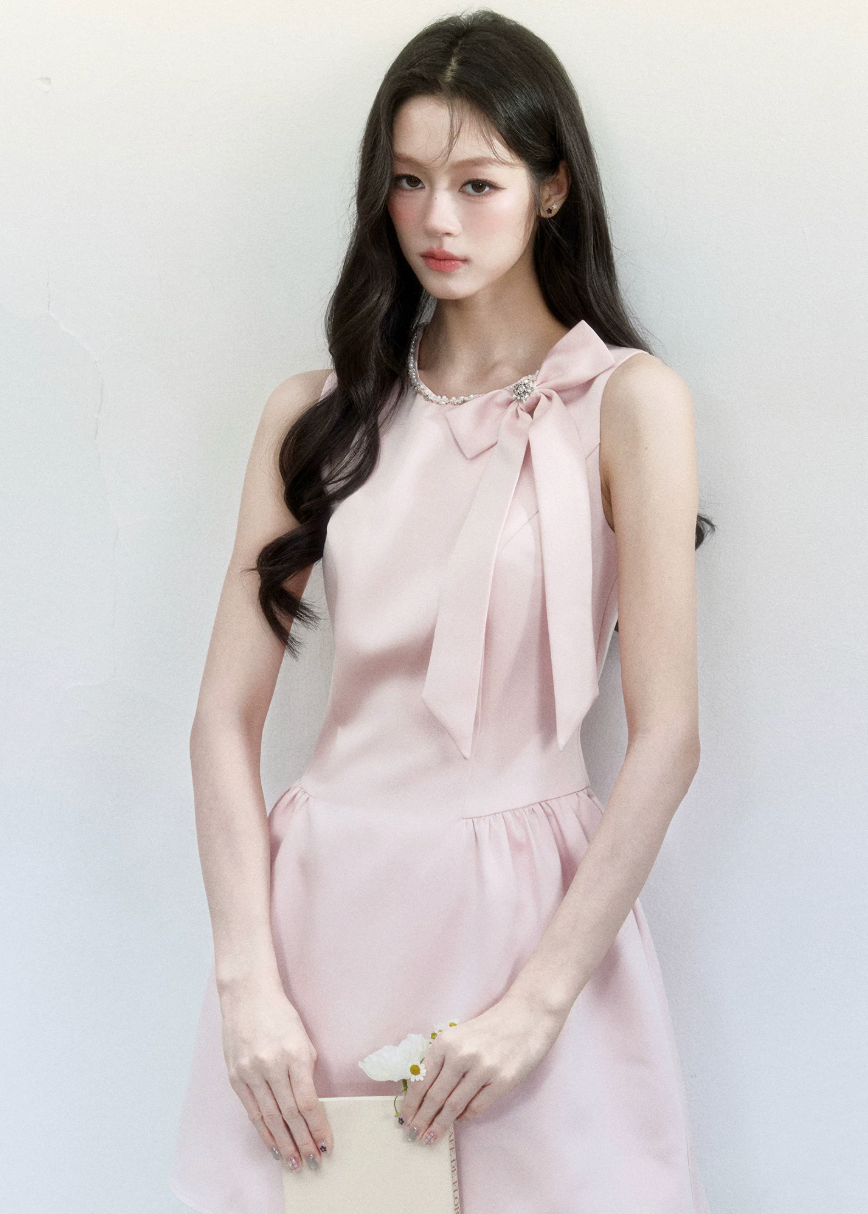 pink satin mini dress, princess satin dress, bow shoulder dress, feminine korean dress, fragileheart dress, birthday party dress, romantic pink dress, satin flare mini dress, soft girl mini dress, cute pink occasion dress, korean feminine fashion, blush satin dress