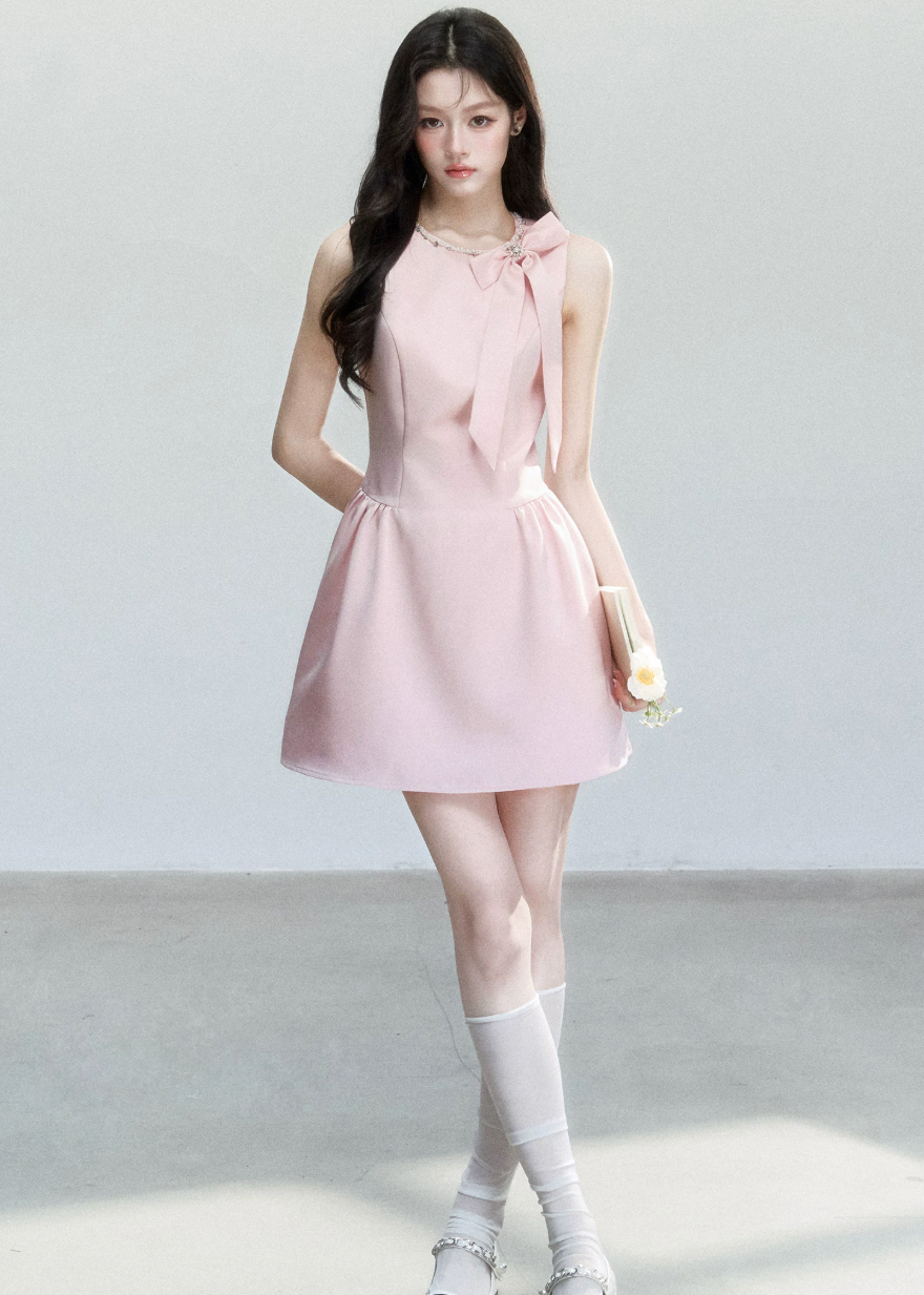pink satin mini dress, princess satin dress, bow shoulder dress, feminine korean dress, fragileheart dress, birthday party dress, romantic pink dress, satin flare mini dress, soft girl mini dress, cute pink occasion dress, korean feminine fashion, blush satin dress
