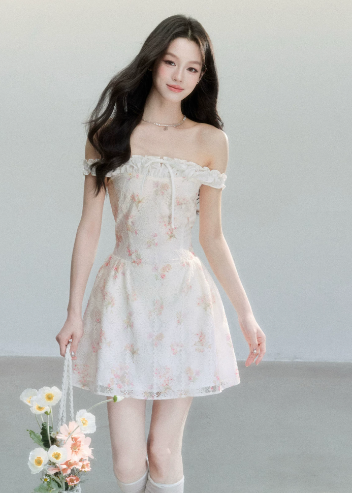 fragileheart dress, off shoulder floral dress, ivory mini dress, floral patchwork dress, korean feminine dress, romantic summer dress, vacation mini dress, soft girl dress, feminine floral dress, cream floral mini dress, summer date dress, korean vacation outfit