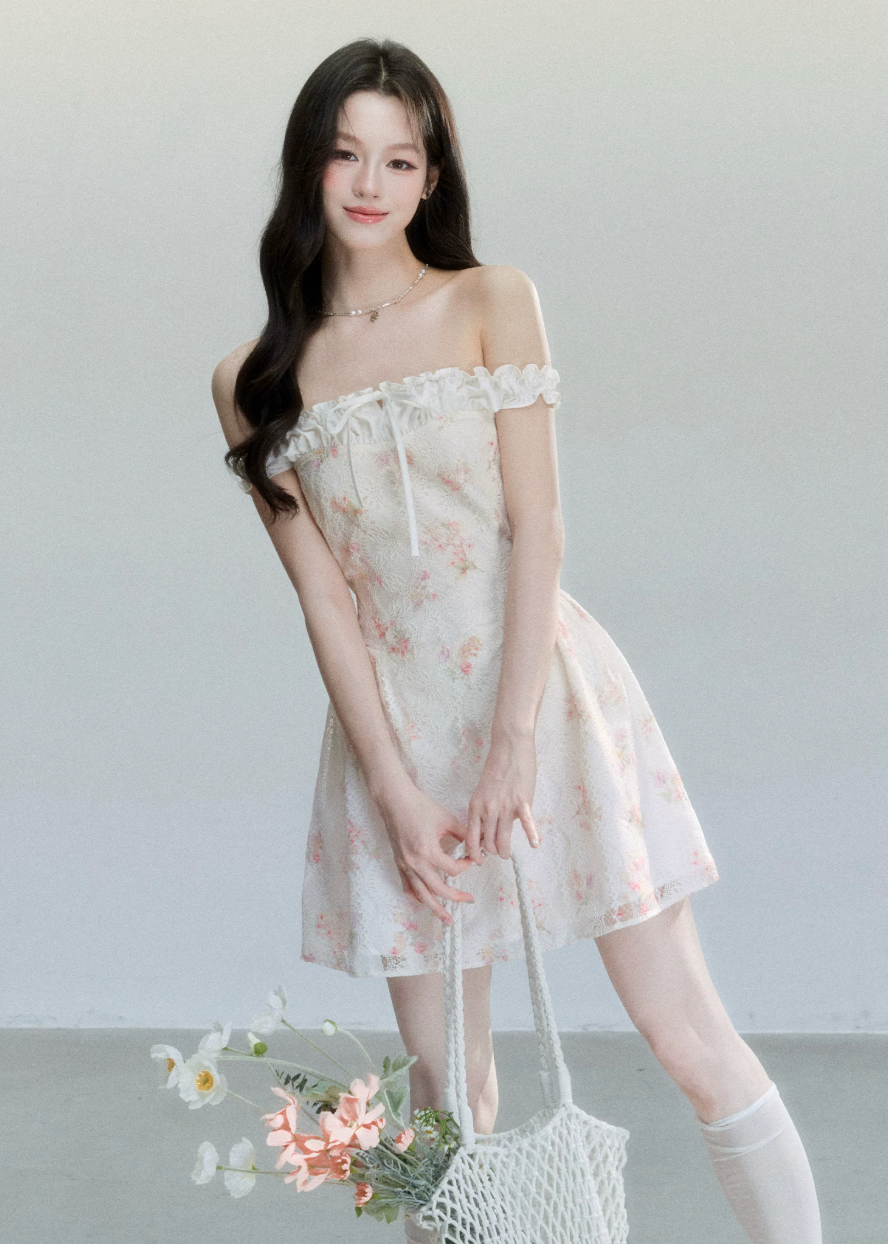 fragileheart dress, off shoulder floral dress, ivory mini dress, floral patchwork dress, korean feminine dress, romantic summer dress, vacation mini dress, soft girl dress, feminine floral dress, cream floral mini dress, summer date dress, korean vacation outfit