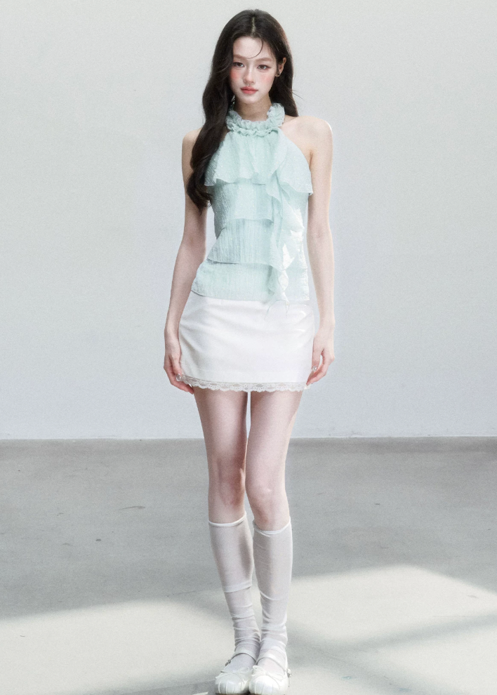 fragileheart top, mint halter camisole, ruffle camisole top, korean feminine top, mint green summer top, polka dot cami, sweet korean fashion, ruffled halter top, soft girl camisole, summer cami top, feminine resort top, cute mint top