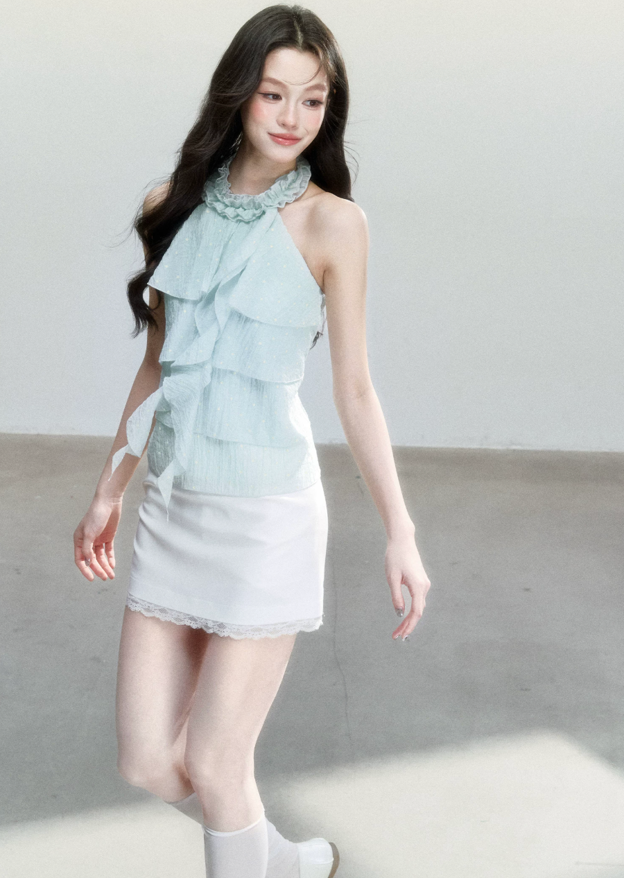 fragileheart top, mint halter camisole, ruffle camisole top, korean feminine top, mint green summer top, polka dot cami, sweet korean fashion, ruffled halter top, soft girl camisole, summer cami top, feminine resort top, cute mint top