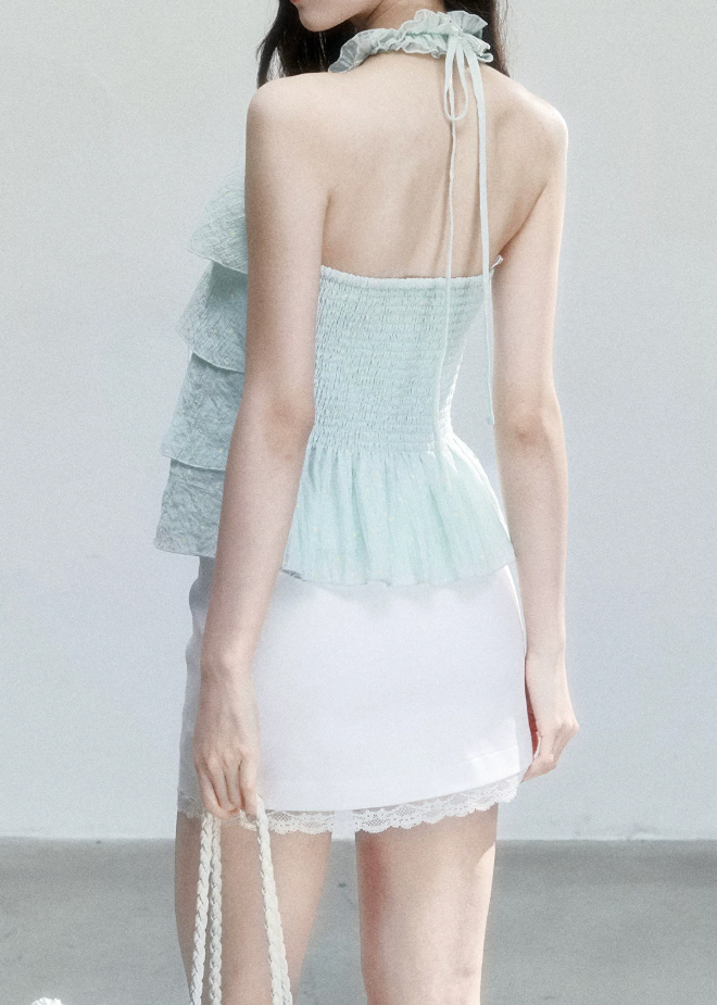 fragileheart top, mint halter camisole, ruffle camisole top, korean feminine top, mint green summer top, polka dot cami, sweet korean fashion, ruffled halter top, soft girl camisole, summer cami top, feminine resort top, cute mint top
