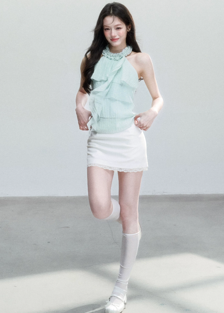 fragileheart top, mint halter camisole, ruffle camisole top, korean feminine top, mint green summer top, polka dot cami, sweet korean fashion, ruffled halter top, soft girl camisole, summer cami top, feminine resort top, cute mint top