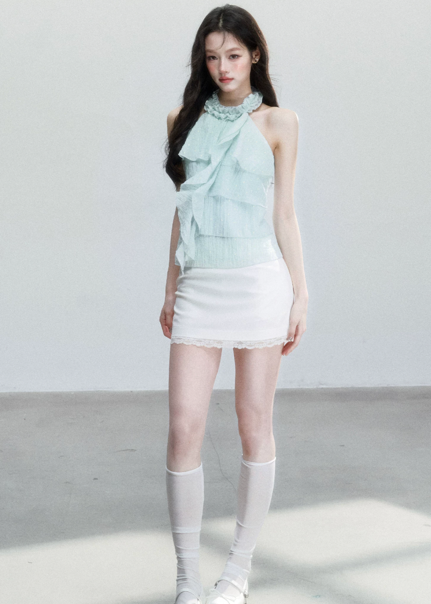 fragileheart top, mint halter camisole, ruffle camisole top, korean feminine top, mint green summer top, polka dot cami, sweet korean fashion, ruffled halter top, soft girl camisole, summer cami top, feminine resort top, cute mint top