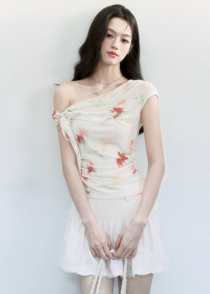 fragileheart set, floral mesh top, cross shoulder top, korean feminine set, summer flower outfit, printed mesh top, mini skirt set, soft girl summer outfit, korean summer fashion, floral two piece set, feminine vacation outfit, romantic mesh top