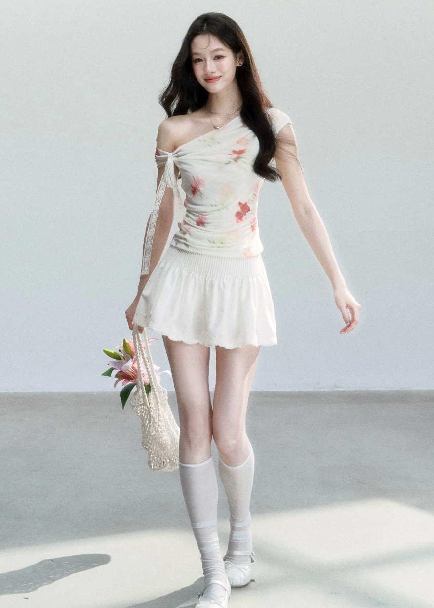 fragileheart set, floral mesh top, cross shoulder top, korean feminine set, summer flower outfit, printed mesh top, mini skirt set, soft girl summer outfit, korean summer fashion, floral two piece set, feminine vacation outfit, romantic mesh top