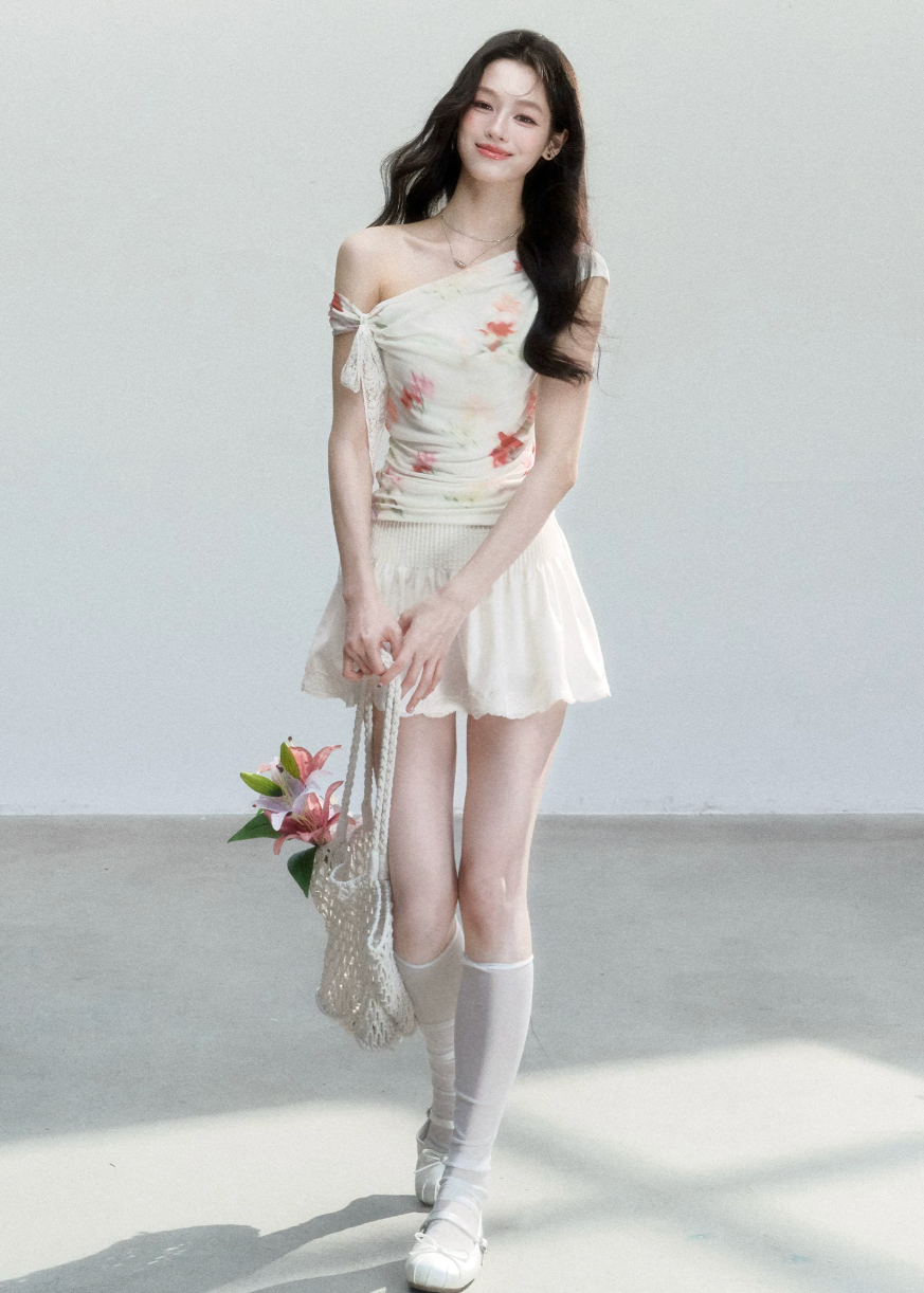 fragileheart set, floral mesh top, cross shoulder top, korean feminine set, summer flower outfit, printed mesh top, mini skirt set, soft girl summer outfit, korean summer fashion, floral two piece set, feminine vacation outfit, romantic mesh top