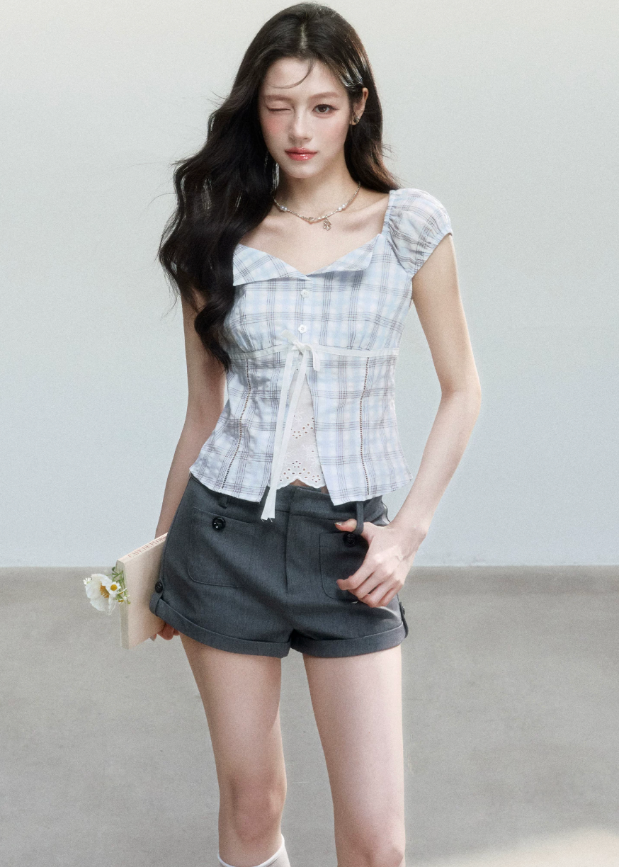 fragileheart top, blue plaid top, korean plaid blouse, academy style top, lace patchwork top, feminine summer top, tie front plaid top, cotton plaid blouse, korean fashion top, slim fit summer blouse, cute plaid top, preppy korean top