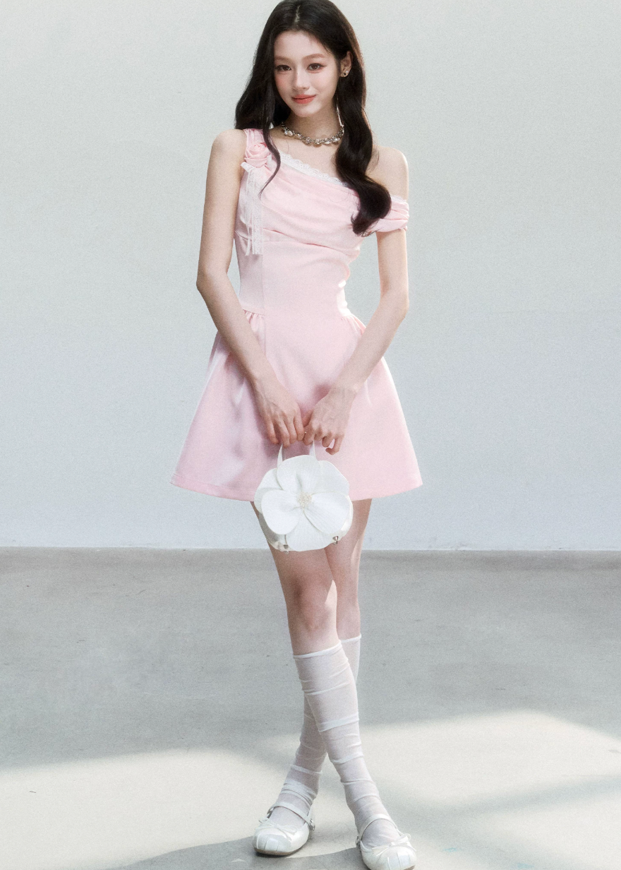 fragileheart dress, pink satin dress, one shoulder dress, asymmetrical dress, korean feminine dress, princess mini dress, blush party dress, waist cinching dress, elegant satin mini dress, romantic korean dress, soft pink occasion dress, heiress style dress