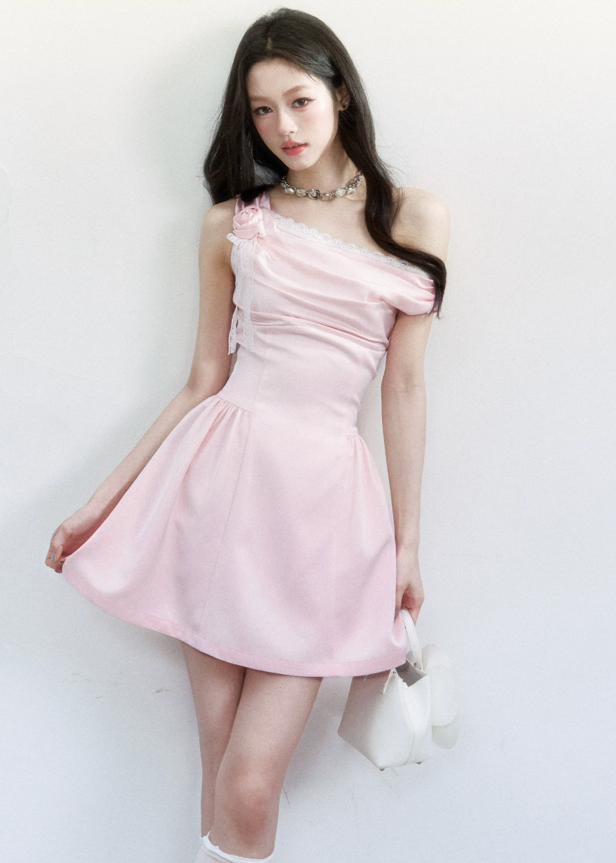 fragileheart dress, pink satin dress, one shoulder dress, asymmetrical dress, korean feminine dress, princess mini dress, blush party dress, waist cinching dress, elegant satin mini dress, romantic korean dress, soft pink occasion dress, heiress style dress