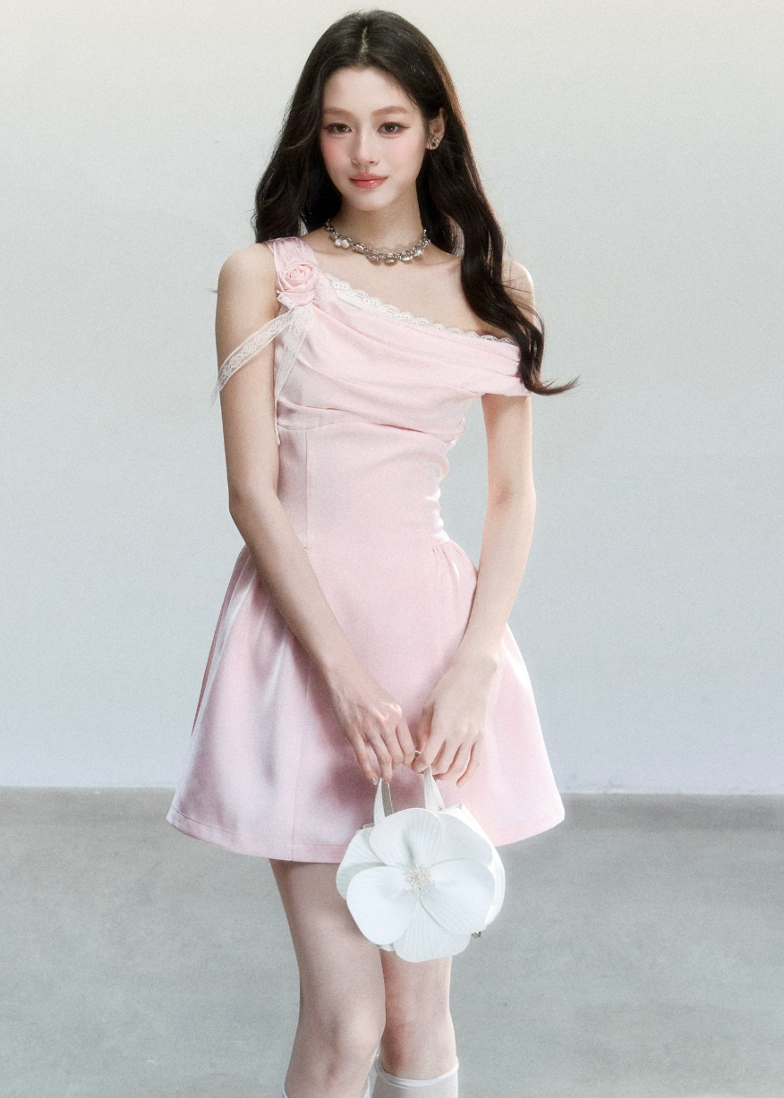 fragileheart dress, pink satin dress, one shoulder dress, asymmetrical dress, korean feminine dress, princess mini dress, blush party dress, waist cinching dress, elegant satin mini dress, romantic korean dress, soft pink occasion dress, heiress style dress