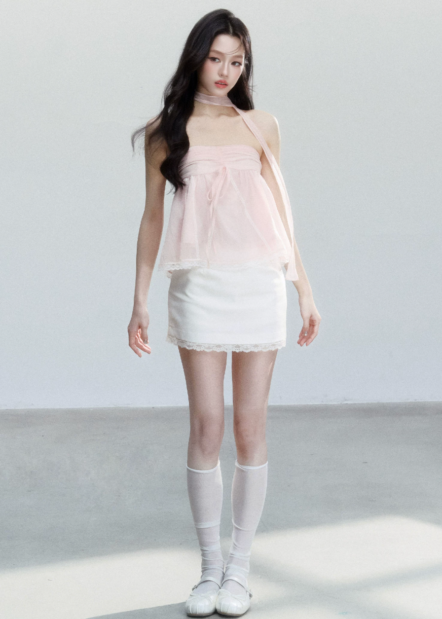 fragileheart top, halter babydoll top, pink halter top, sheer korean top, feminine summer cami, sweet spicy top, bandeau style top, lace hem cami, blush camisole top, korean romantic top, lightweight summer top, soft girl halter top