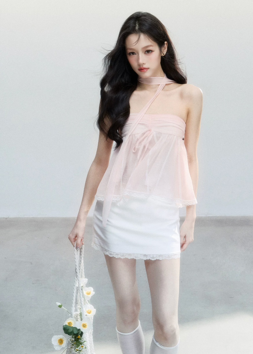 fragileheart top, halter babydoll top, pink halter top, sheer korean top, feminine summer cami, sweet spicy top, bandeau style top, lace hem cami, blush camisole top, korean romantic top, lightweight summer top, soft girl halter top