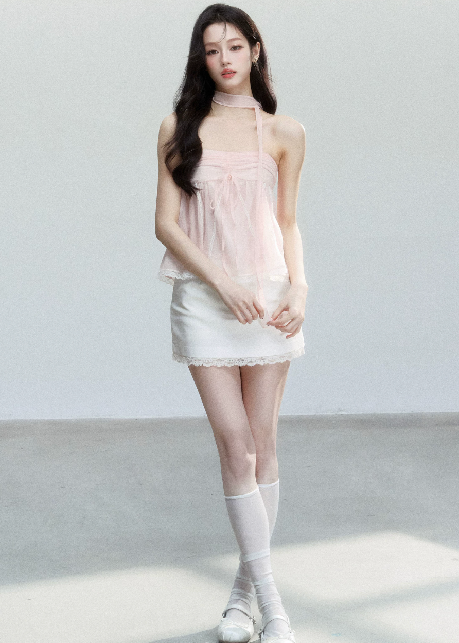 fragileheart top, halter babydoll top, pink halter top, sheer korean top, feminine summer cami, sweet spicy top, bandeau style top, lace hem cami, blush camisole top, korean romantic top, lightweight summer top, soft girl halter top