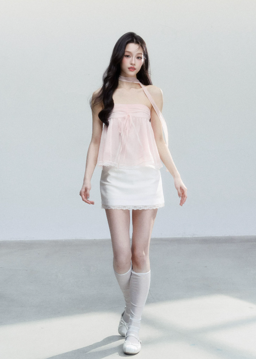 fragileheart top, halter babydoll top, pink halter top, sheer korean top, feminine summer cami, sweet spicy top, bandeau style top, lace hem cami, blush camisole top, korean romantic top, lightweight summer top, soft girl halter top