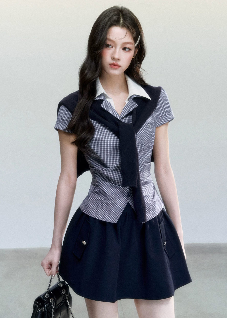 plaid layered top, korean campus top, sweet preppy top, pink plaid shirt top, faux layered blouse, feminine korean fashion top, fragileheart top, summer campus outfit, knit scarf top set, cute preppy summer top, soft girl korean top, honor student style top