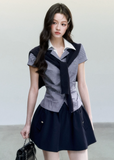 plaid layered top, korean campus top, sweet preppy top, pink plaid shirt top, faux layered blouse, feminine korean fashion top, fragileheart top, summer campus outfit, knit scarf top set, cute preppy summer top, soft girl korean top, honor student style top