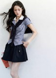 plaid layered top, korean campus top, sweet preppy top, pink plaid shirt top, faux layered blouse, feminine korean fashion top, fragileheart top, summer campus outfit, knit scarf top set, cute preppy summer top, soft girl korean top, honor student style top