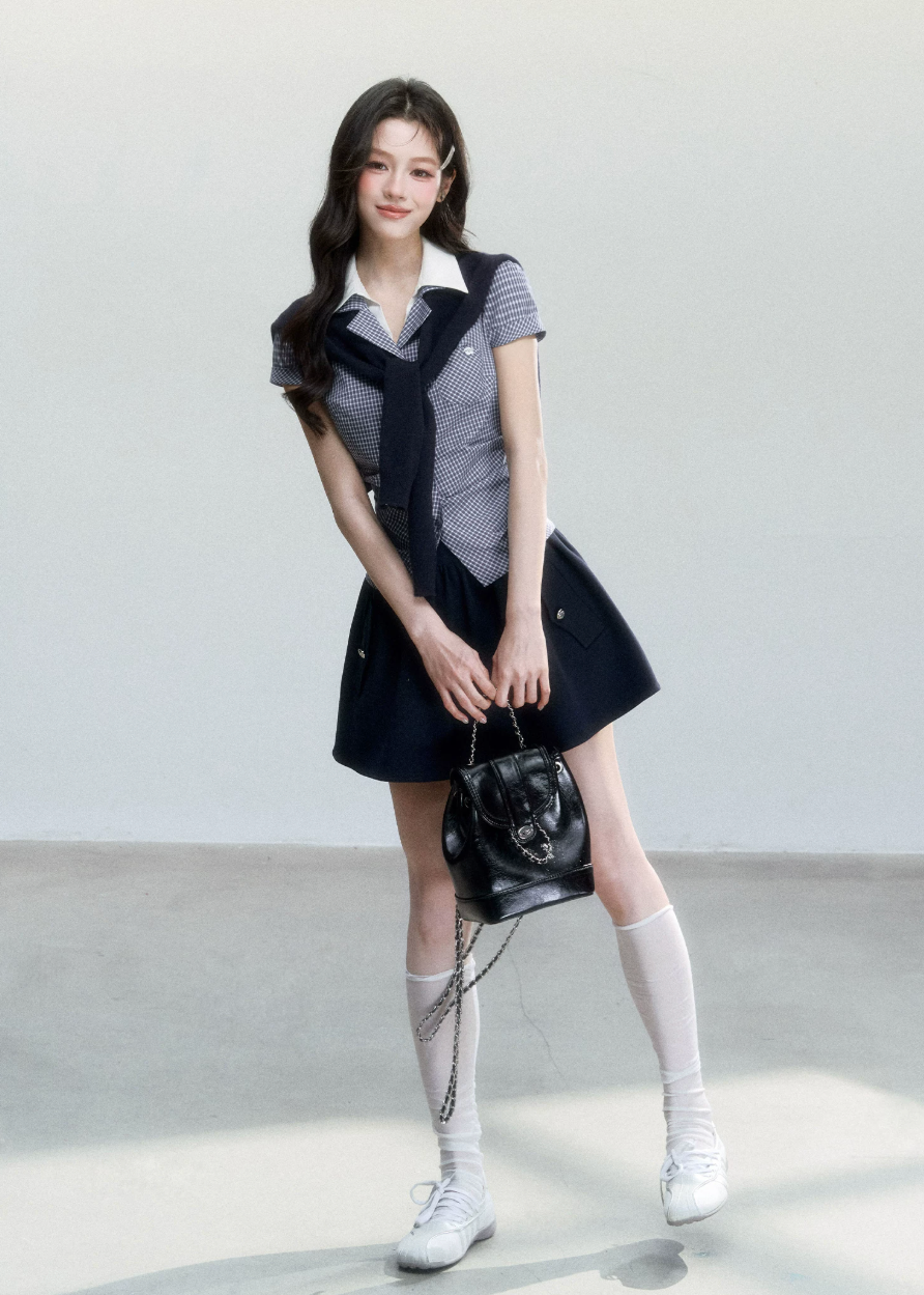 plaid layered top, korean campus top, sweet preppy top, pink plaid shirt top, faux layered blouse, feminine korean fashion top, fragileheart top, summer campus outfit, knit scarf top set, cute preppy summer top, soft girl korean top, honor student style top