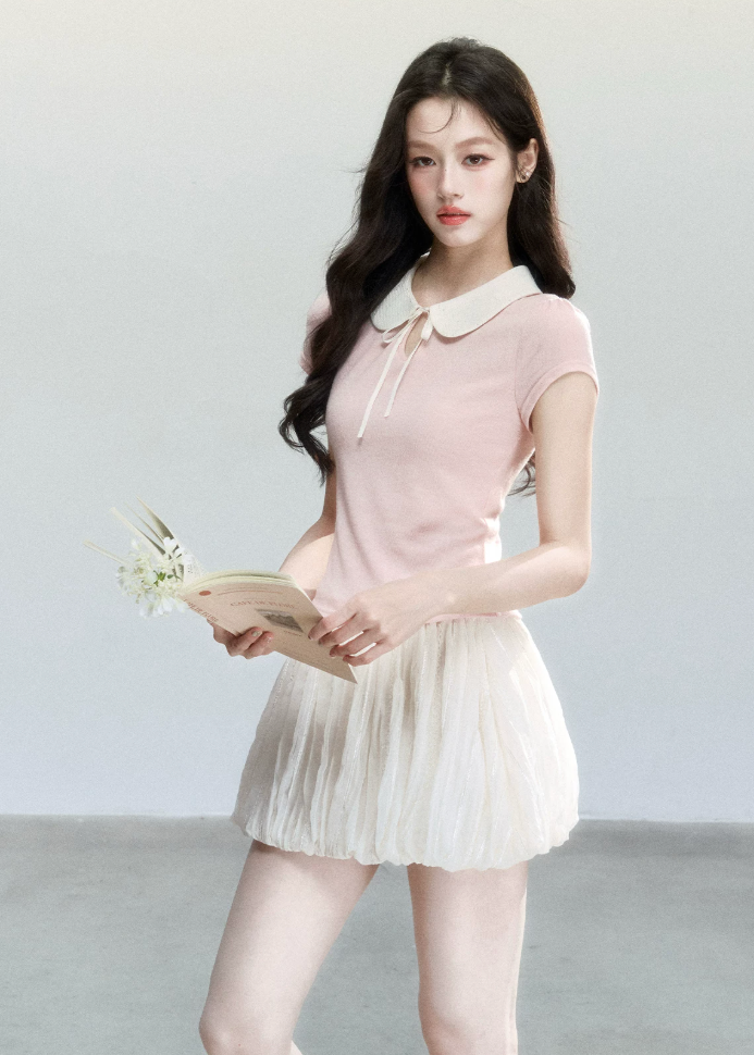 fragileheart top, doll collar t-shirt, peter pan collar top, korean feminine top, slim short sleeve top, preppy summer top, campus style top, cute korean fashion, pink collar top, gray collar top, soft girl top, feminine fitted tee