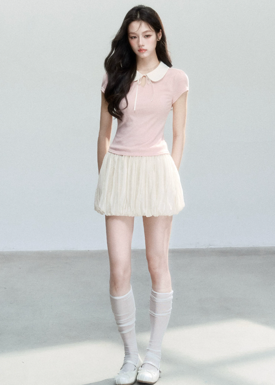 fragileheart top, doll collar t-shirt, peter pan collar top, korean feminine top, slim short sleeve top, preppy summer top, campus style top, cute korean fashion, pink collar top, gray collar top, soft girl top, feminine fitted tee
