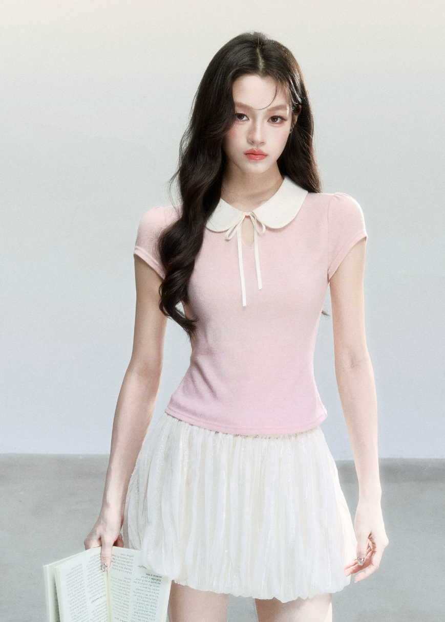 fragileheart top, doll collar t-shirt, peter pan collar top, korean feminine top, slim short sleeve top, preppy summer top, campus style top, cute korean fashion, pink collar top, gray collar top, soft girl top, feminine fitted tee