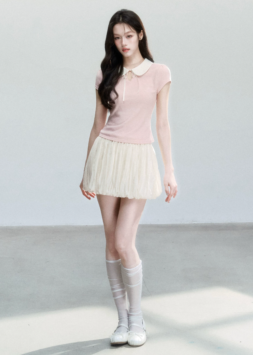 fragileheart top, doll collar t-shirt, peter pan collar top, korean feminine top, slim short sleeve top, preppy summer top, campus style top, cute korean fashion, pink collar top, gray collar top, soft girl top, feminine fitted tee