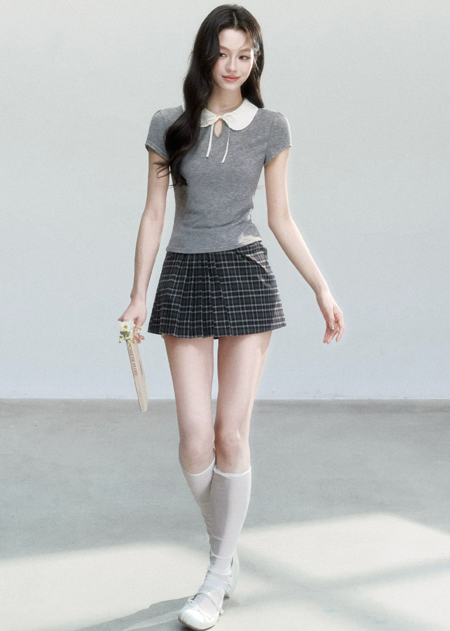 fragileheart top, doll collar t-shirt, peter pan collar top, korean feminine top, slim short sleeve top, preppy summer top, campus style top, cute korean fashion, pink collar top, gray collar top, soft girl top, feminine fitted tee