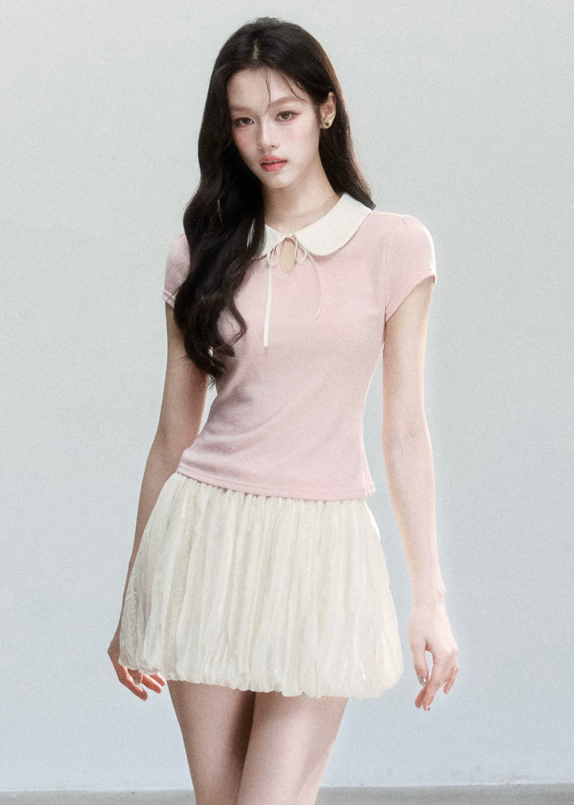fragileheart top, doll collar t-shirt, peter pan collar top, korean feminine top, slim short sleeve top, preppy summer top, campus style top, cute korean fashion, pink collar top, gray collar top, soft girl top, feminine fitted tee