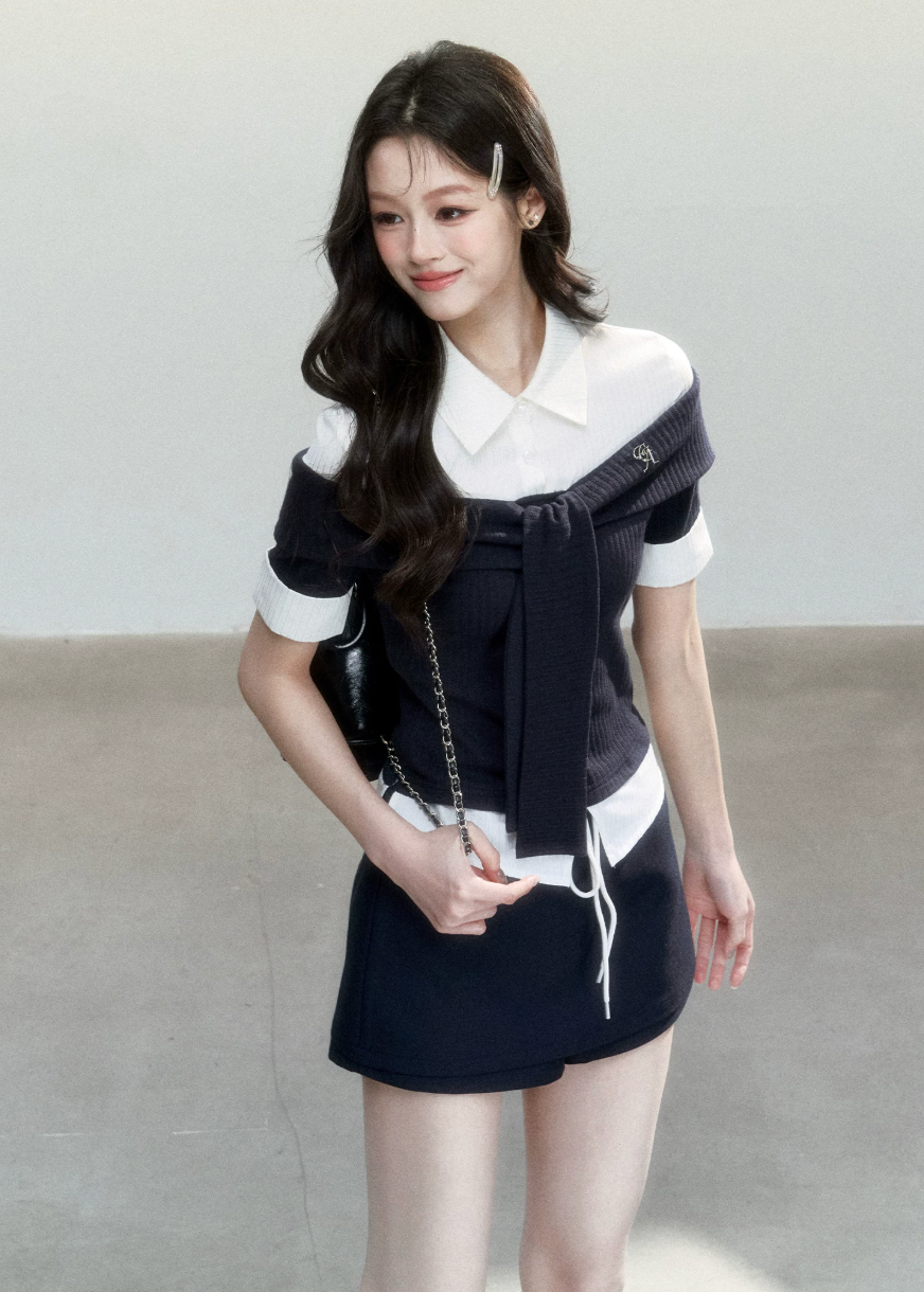 fragileheart top, korean collegiate top, faux two piece shirt, tie waist shirt top, preppy korean fashion, layered knit shirt, feminine campus top, korean preppy blouse, slim collar top, cute korean outfit, campus style shirt, soft girl fashion top