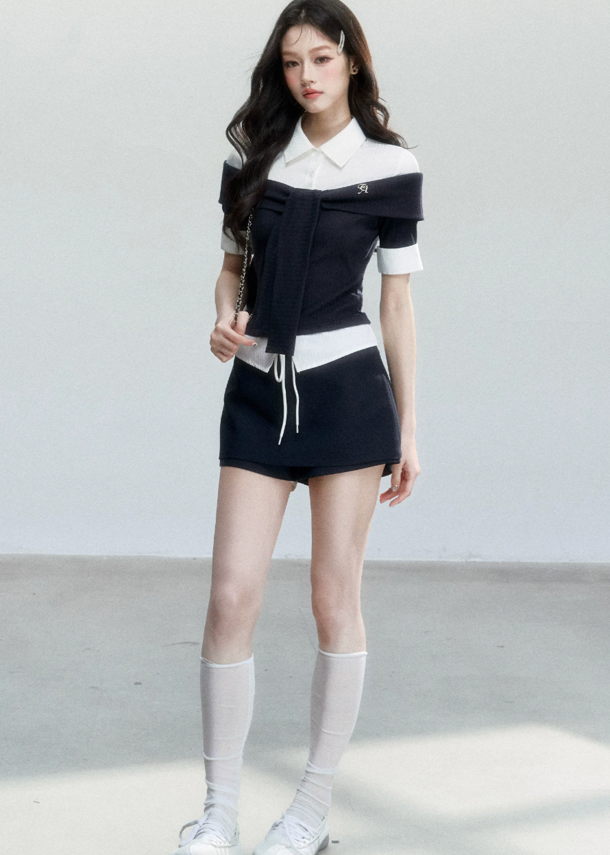 fragileheart top, korean collegiate top, faux two piece shirt, tie waist shirt top, preppy korean fashion, layered knit shirt, feminine campus top, korean preppy blouse, slim collar top, cute korean outfit, campus style shirt, soft girl fashion top
