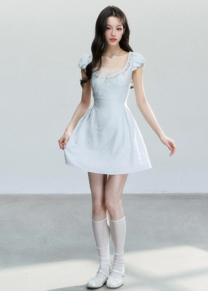 fragileheart dress, blue embroidered dress, lace mini dress, korean feminine dress, sweet summer dress, resort style dress, daisy embroidered dress, soft blue mini dress, feminine korean fashion, summer date dress, floral lace dress, romantic mini dress