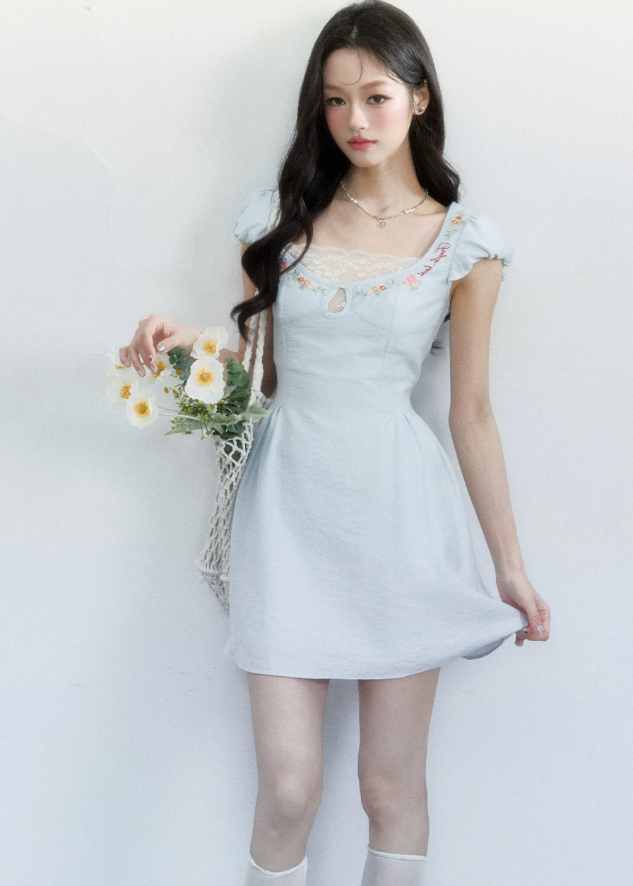 fragileheart dress, blue embroidered dress, lace mini dress, korean feminine dress, sweet summer dress, resort style dress, daisy embroidered dress, soft blue mini dress, feminine korean fashion, summer date dress, floral lace dress, romantic mini dress
