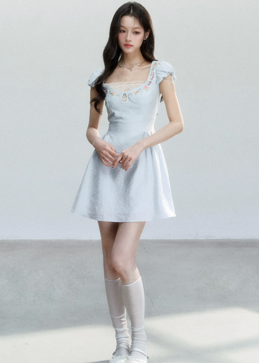 fragileheart dress, blue embroidered dress, lace mini dress, korean feminine dress, sweet summer dress, resort style dress, daisy embroidered dress, soft blue mini dress, feminine korean fashion, summer date dress, floral lace dress, romantic mini dress