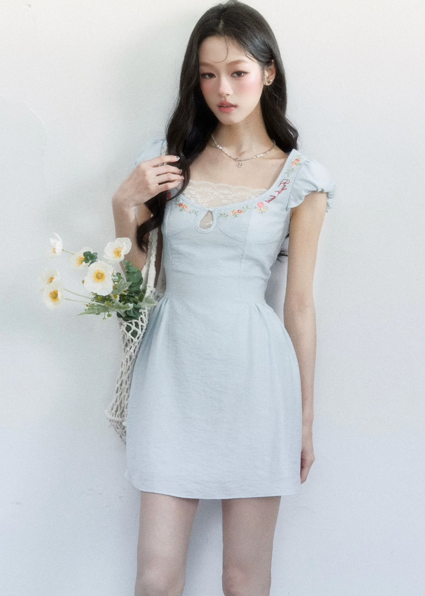 fragileheart dress, blue embroidered dress, lace mini dress, korean feminine dress, sweet summer dress, resort style dress, daisy embroidered dress, soft blue mini dress, feminine korean fashion, summer date dress, floral lace dress, romantic mini dress